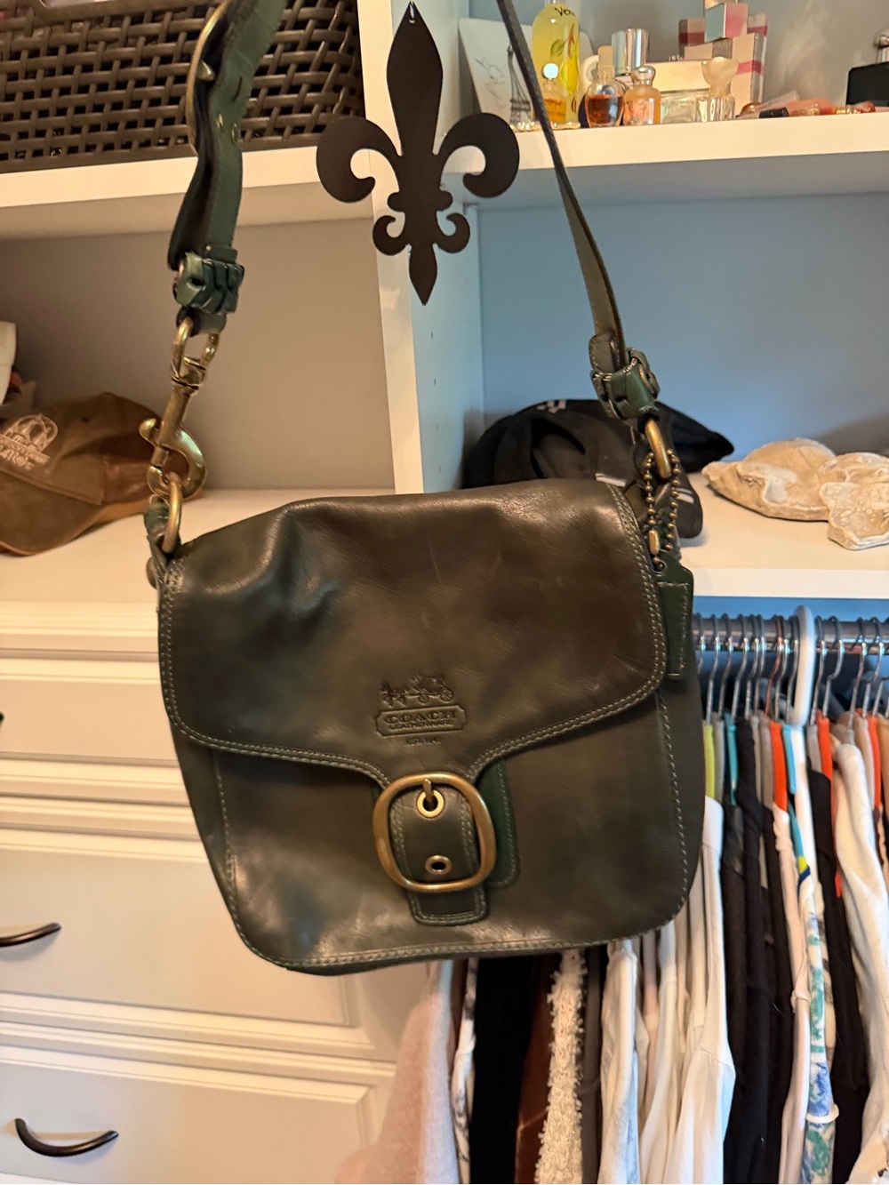 Coach Dark Green Leather Crossbody with Brass Buckle style 11419